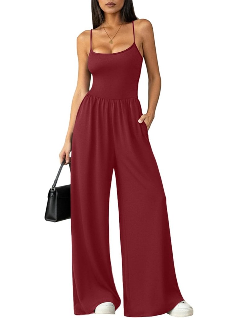 Women's Wine Red Summer Casual Tummy Control Sleeveless Wide Leg Romper